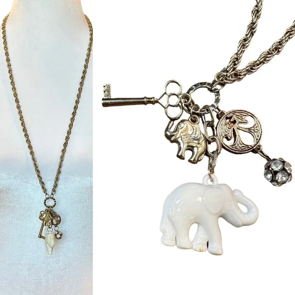 Elephant Key Fleur de Lis Rhinestone Gold Tone Alloy Statement Necklace